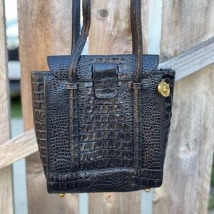 BRAHMIN Black Crocodile Embossed Leather Handbag Shoulder Bag w/ Gold Medallion